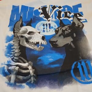 Blue Graphic Tee with Skeleton and Dog Design